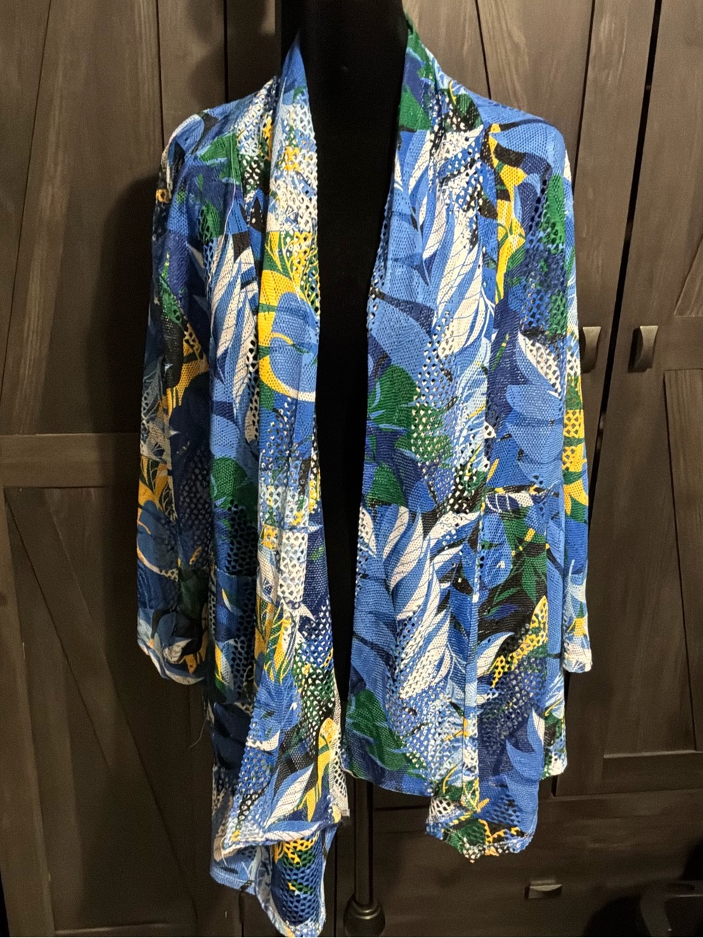 Slinky Brand Blue Green Yellow Patterned Open Front Jacket